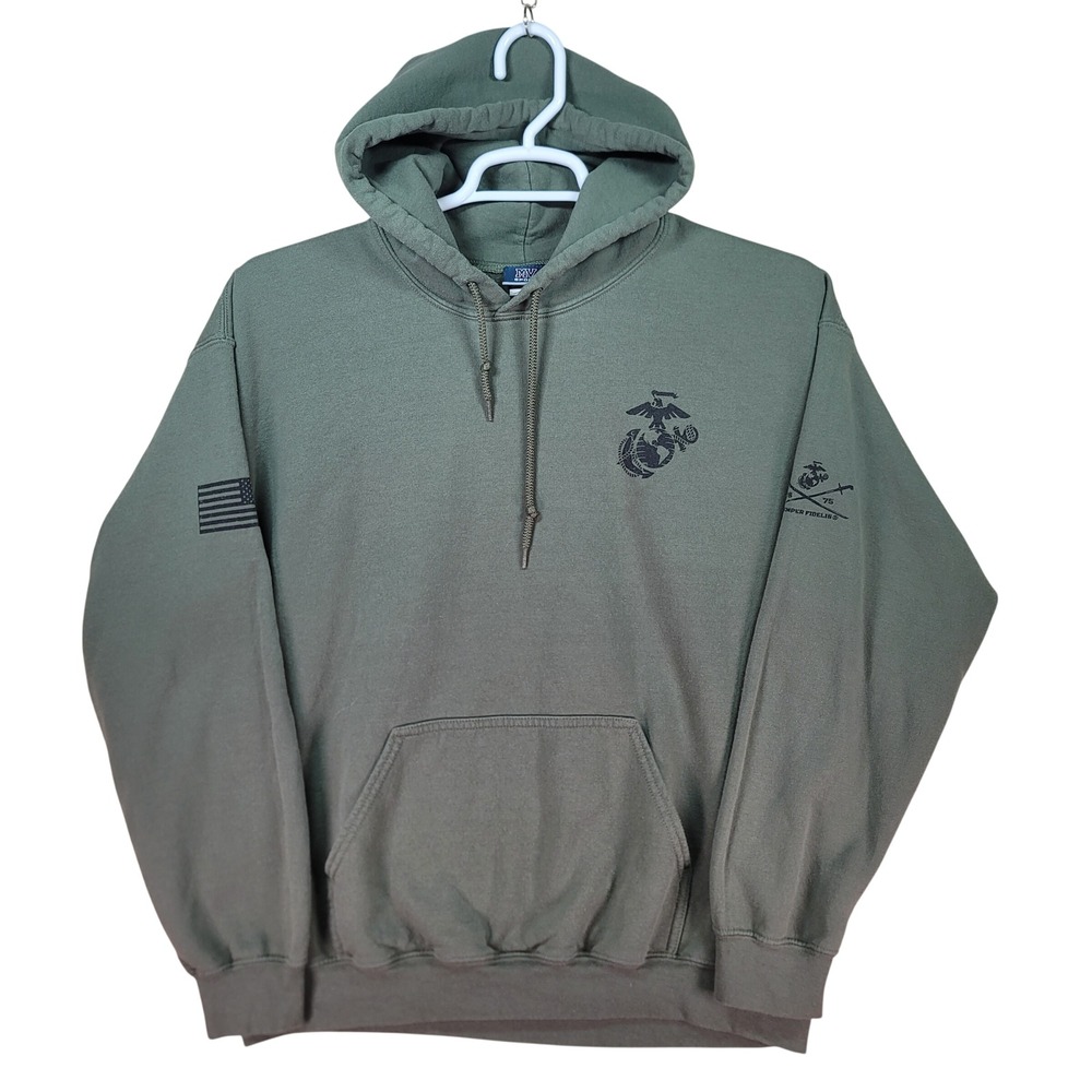 US Marines USMC Hoodie Mens L Green MV Sport Distressed Flag Pullover VTG 90's